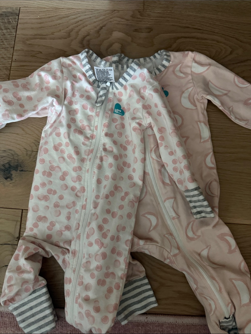 Love to dream Pink Dot Zip Front Footie with Gray Stripe Cuffs Bundle